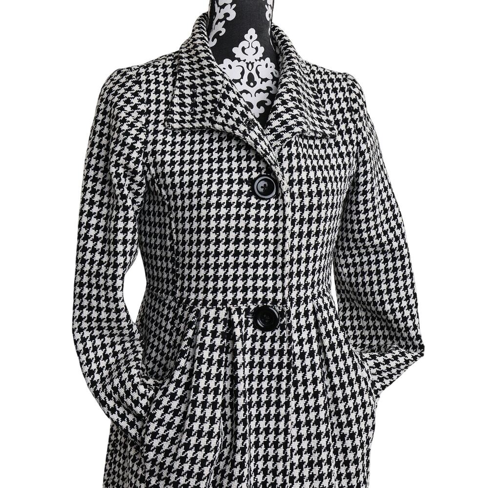 Classic Preppy Houndstooth Wool Blend Pleated Peplum Button Up Peacoat - M - Picture 8 of 13